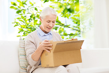 Image showing happy senior woman with parcel box at home