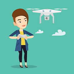 Image showing Woman flying drone vector illustration.