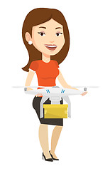 Image showing Woman controlling delivery drone with post package