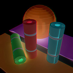 Image showing karemat and fitness ball. 3D illustration. Anaglyph. View with r