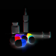 Image showing Syringe, tablet, pill jar. 3D illustration. Anaglyph. View with 