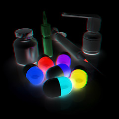 Image showing Syringe, tablet, pill jar. 3D illustration. Anaglyph. View with 