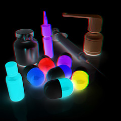 Image showing Syringe, tablet, pill jar. 3D illustration. Anaglyph. View with 