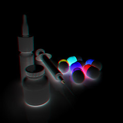 Image showing Syringe, tablet, pill jar. 3D illustration. Anaglyph. View with 