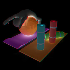 Image showing 3d man on a karemat with fitness ball. 3D illustration. Anaglyph