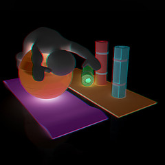 Image showing 3d man on a karemat with fitness ball. 3D illustration. Anaglyph