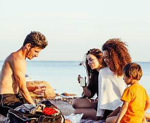 Image showing pretty diverse nation and age friends on sea coast having fun, lifestyle people concept on beach vacations 