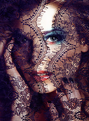 Image showing portrait of beauty young woman through lace close up mistery makeup sexy, fashion people concept