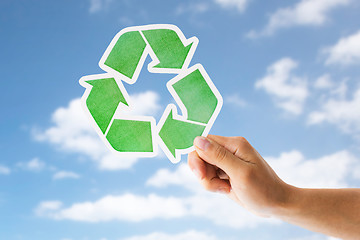 Image showing close up of hand with green recycle sign over sky