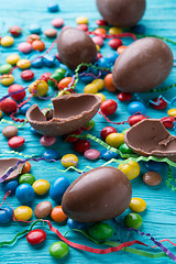 Image showing Colorful candy on blue table