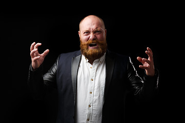 Image showing Screaming man with tense hands with ginger beard and mustache on empty fern background