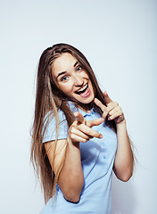 Image showing young pretty stylish hipster girl posing emotional isolated on white background happy smiling cool smile, lifestyle people concept