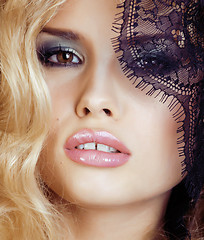 Image showing portrait of beauty young woman through lace close up mistery makeup sexy, fashion people concept