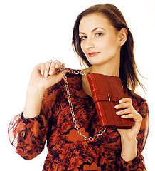 Image showing young pretty long hair woman happy smiling isolated on white background, wearing cute tiny fashion handbag, lifestyle people concept