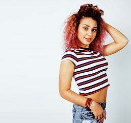 Image showing young happy smiling latin american teenage girl emotional posing on white background, lifestyle people concept