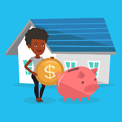 Image showing Woman puts money into piggy bank for buying house.