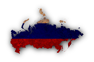 Image showing Map and flag of Russia on rusty metal