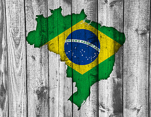 Image showing Map and flag of Brazil on weathered wood