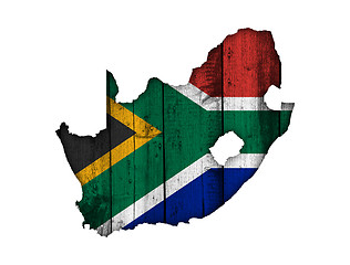 Image showing Map and flag of South Africa on weathered wood