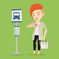 Image showing Woman waiting at the bus stop vector illustration.