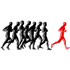 Image showing Set of silhouettes. Runners on sprint, men and woman