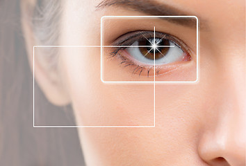 Image showing Close-up portrait of young and beautiful woman with the virtual hologram on her eyes