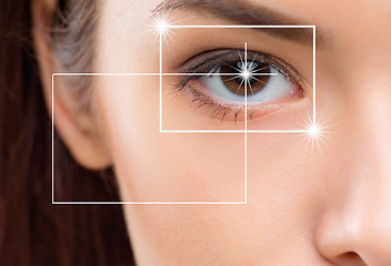 Image showing Close-up portrait of young and beautiful woman with the virtual hologram on her eyes