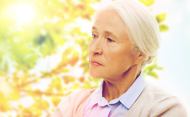 Image showing senior woman face over green natural background