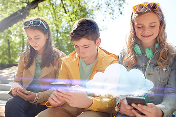 Image showing teenage friends with smartphone and headphones