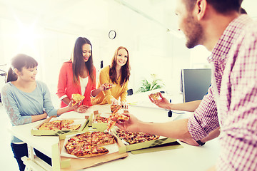 Image showing happy business team eating pizza in office