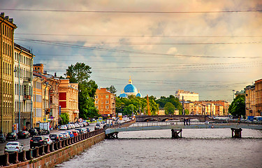 Image showing panoramic view of Fontanka river bridges and Trinity Cathedral