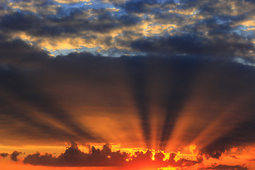 Image showing summer sunset with dark sky and sun