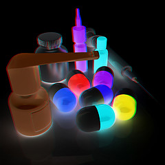 Image showing Syringe, tablet, pill jar. 3D illustration. Anaglyph. View with 