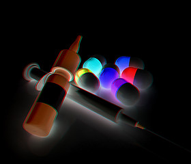 Image showing Syringe, tablet, pill jar. 3D illustration. Anaglyph. View with 