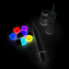 Image showing Syringe, tablet, pill jar. 3D illustration. Anaglyph. View with 