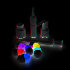 Image showing Syringe, tablet, pill jar. 3D illustration. Anaglyph. View with 