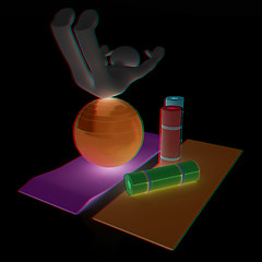 Image showing 3d man on a karemat with fitness ball. 3D illustration. Anaglyph