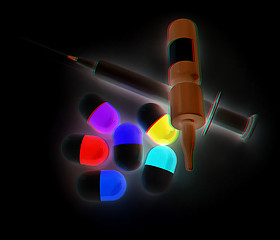 Image showing Syringe, tablet, pill jar. 3D illustration. Anaglyph. View with 