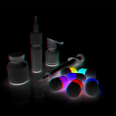 Image showing Syringe, tablet, pill jar. 3D illustration. Anaglyph. View with 