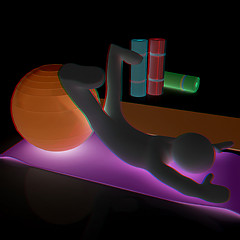 Image showing 3d man on a karemat with fitness ball. 3D illustration. Anaglyph