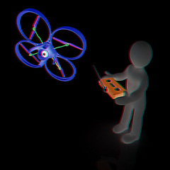 Image showing 3d man with drone, quadrocopter, with photo camera. 3d render. 3