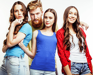 Image showing company of hipster guys, bearded red hair boy and girl students having fun together friends, diverse fashion style, lifestyle people concept isolated on white background