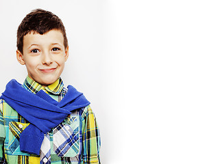 Image showing little cute adorable boy posing gesturing cheerful on white background, lifestyle people concept