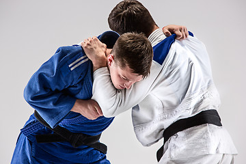 Image showing The two judokas fighters fighting men