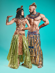 Image showing The man, woman in the images of Egyptian Pharaoh and Cleopatra
