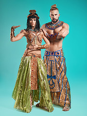 Image showing The man, woman in the images of Egyptian Pharaoh and Cleopatra