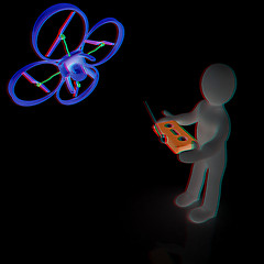 Image showing 3d man with drone, quadrocopter, with photo camera. 3d render. 3