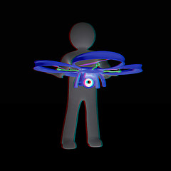 Image showing 3d man with drone, quadrocopter, with photo camera. 3d render. 3