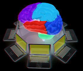 Image showing Computers connected to central brain. 3d render. Anaglyph. View 