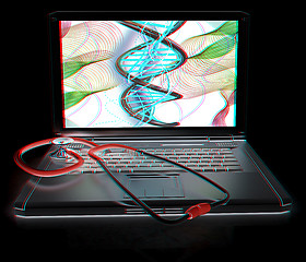 Image showing silver laptop diagnosis with stethoscope. 3D illustration. Anagl